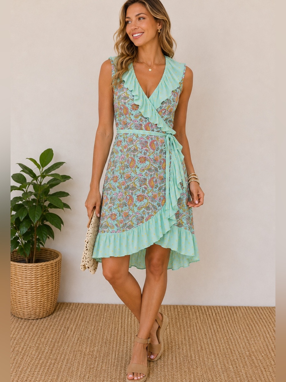 Matilda Jane Wrapped in Sunshine Floral Ruffle Wrap Dress S Teal Boho NWT